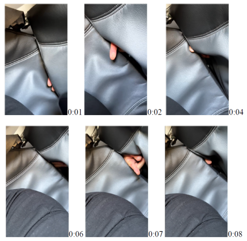 Six images showing fingers poking through seat on aircraft
