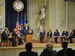 Associate Attorney General Tom Perrelli addresses the audience at the Stalking Awareness event.