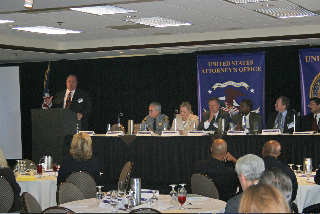 Ron Brooks, HIDTA Director, with local, state and federal law enforcement officials including Alameda County Undersheriff Rich Lucia, Alameda County District Attorney Nancy O’Malley, Ben Buford , Senior Agent, California Bureau of Narcotics Enforcement, FBI Supervisory Special Agent Charlie Johnson, representative from Homeland Security Investigations, and ATF Assistant Special Agent in Charge John Lee