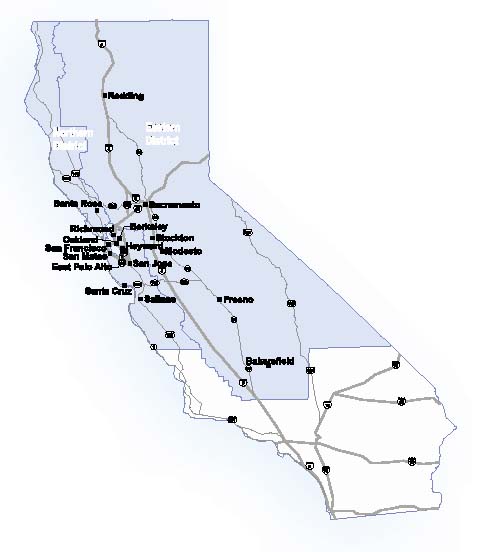 Map of the State of California showing the Northern and Eastern U.S. Attorney Districts.