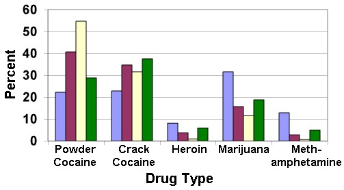 Chart showing Ohio federal drug sentences for FY1999 broken down by percentages for district and drug types.