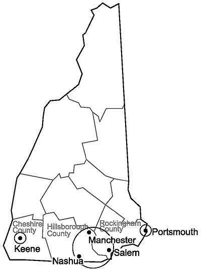 Map of New Hampshire showing concentrations of heroin user populations in the southern portion of the state.