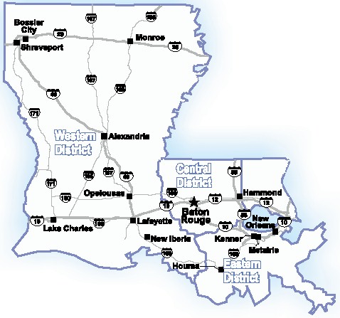 Map of Louisiana showing U.S. Attorney Districts, highways, and principal cities.