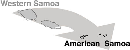 Map showing marijuana smuggling route as a broad arrow from Western Samoa to American Samoa.
