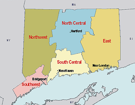 Map showing Connecticut divided into five Statewide Narcotics Task Force districts.