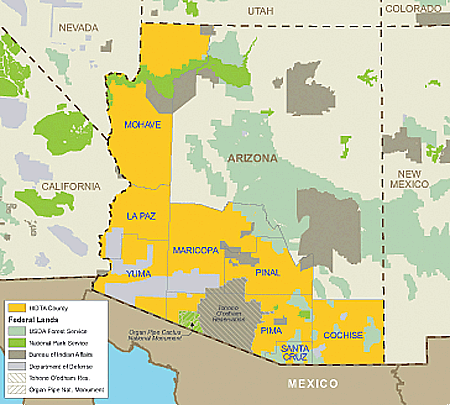 Map showing the locations of federal and tribal lands in Arizona and the Arizona HIDTA.