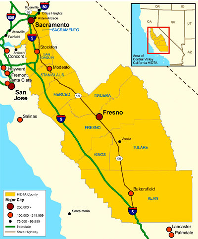 Map showing the Central Valley High Intensity Drug Trafficking Area.