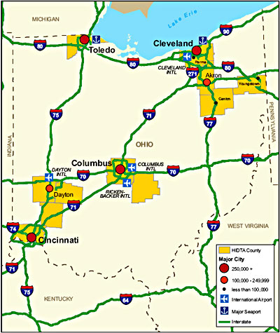 Map showing the Ohio HIDTA region transportation infrastructure.