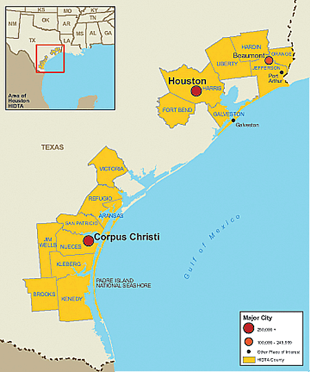 Map showing the Houston High Intensity Drug Trafficking Area.