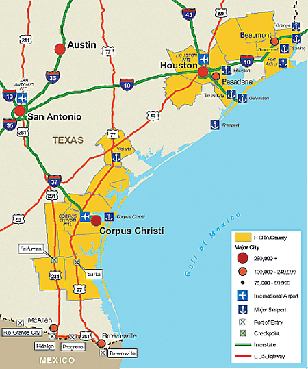 Map showing the Houston HIDTA transportation infrastructure.