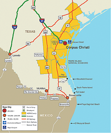 Map showing the Padre Island National Seashore and the counties in the Corpus Christi area of the Houston HIDTA.