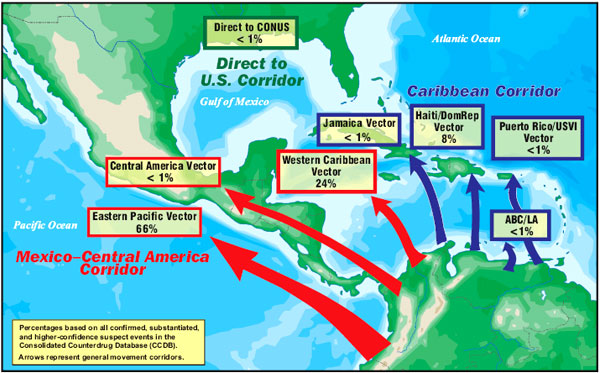 Map showing vectors in the Transit Zone--CCDB-documented cocaine flow departing South America from January to December 2006.