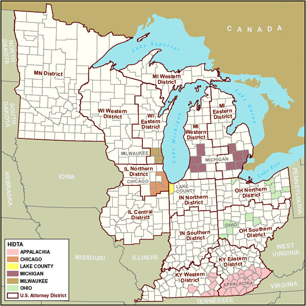 Map of the Great Lakes Region showing HIDTAs and U.S. Attorney Districts.