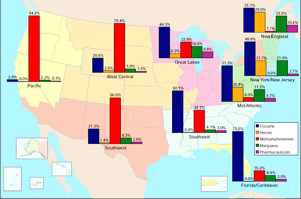 U.S. map showing the greatest drug threat by region as reported by state and local agencies in the National Drug Threat Survey 2007.