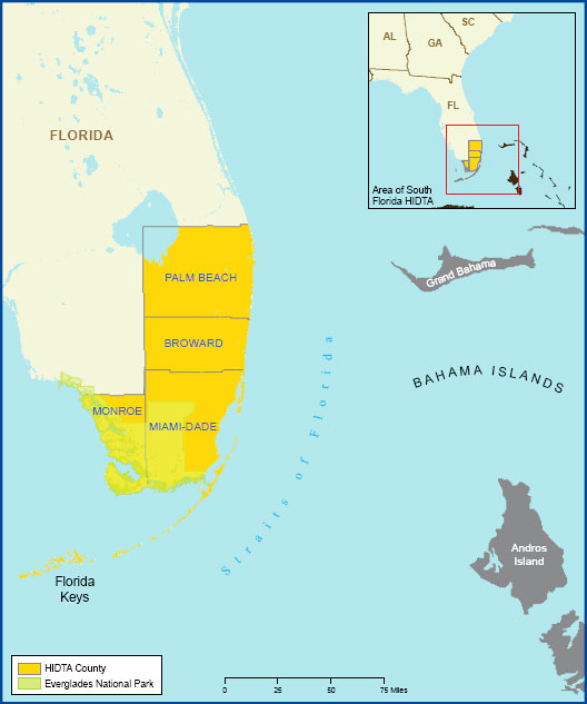 Map showing the South Florida High Intensity Drug Trafficking Area.