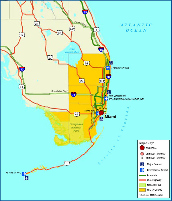 Map showing the South Florida HIDTA transportation infrastructure.