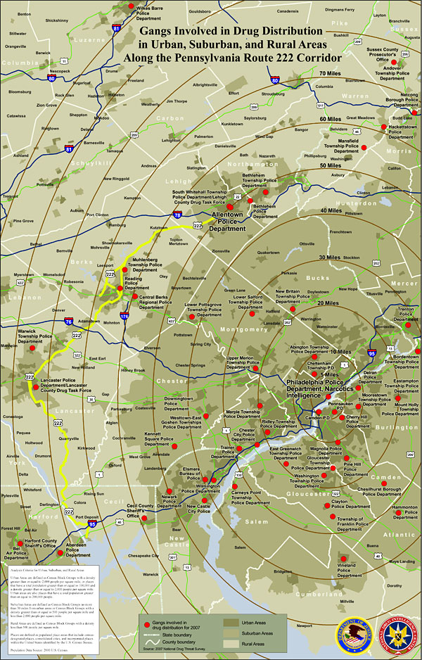 Map showing gangs involved in drug distribution in urban, suburban, and rural areas along the Pennsylvania Route 222 corridor.