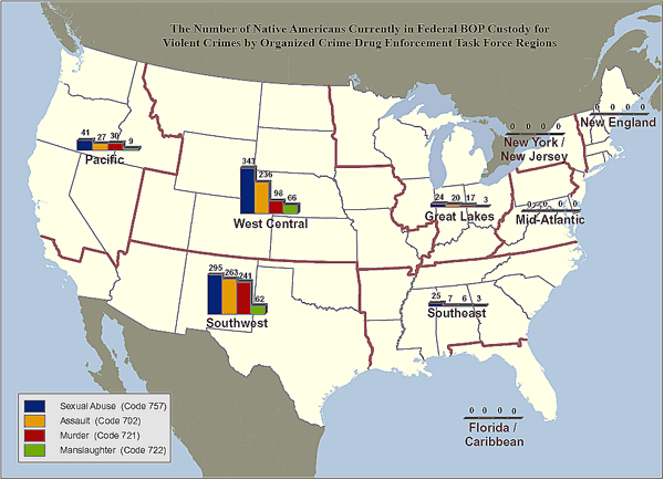 U.S. map showing the number of Native Americans currently in federal BOP custody for violent crimes, broken down by OCDETF region.