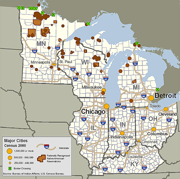 Map of the Great Lakes OCDETF Region showing federally recognized Native American reservations.