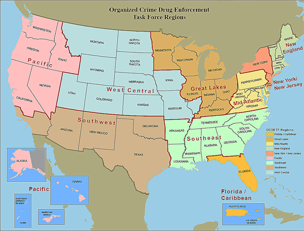 U.S. map showing the Organized Crime Drug Enforcement Task Force regions.