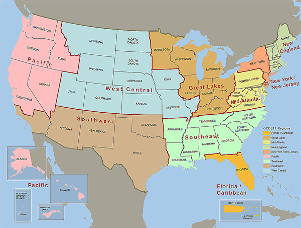 U.S. map showing the nine OCDETF regions.