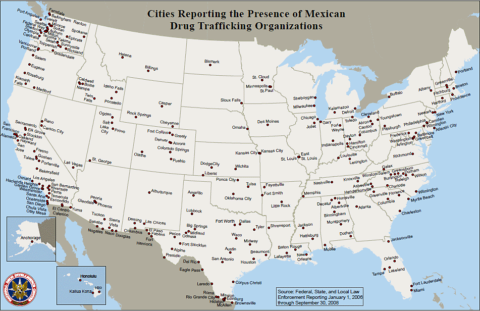 U.S. map showing cities reporting the presence of Mexican DTOs, from January 1, 2006 through September 30, 2008.