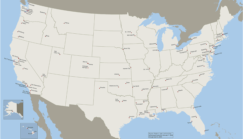 U.S. map showing cities reporting the presence of Asian DTOs, from January 1, 2006 through April 8, 2008.