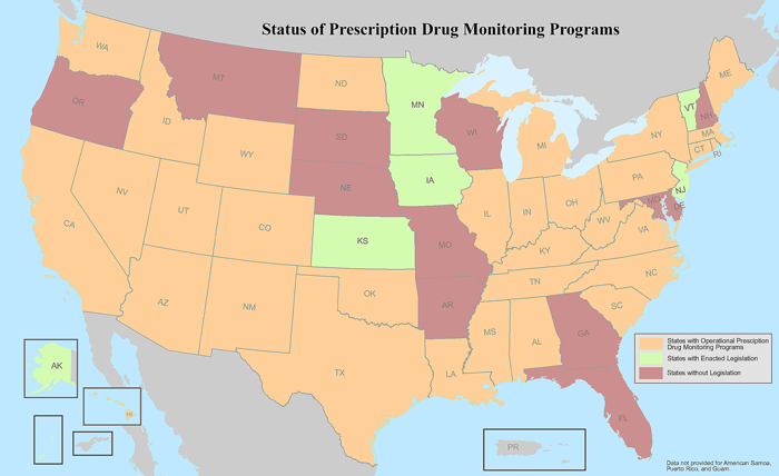 U.S. map showing status of prescription drug monitoring programs, by state, as of January 1, 2009.
