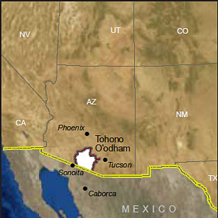 Map showing the location of the Tohono O'odham Reservation on the U.S.-Mexico border.