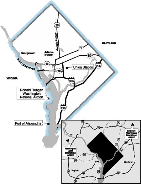 Map of Washington D.C. area showing major transportation routes.