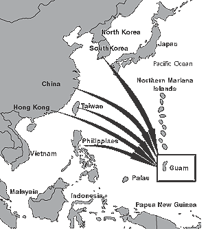 Map showing flow of methamphetamine from China, Hong Kong, the Philipines, South Korea, and Taiwan into Guam.