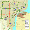 Map showing the international border between Detroit, Michigan, and Windsor, Ontario.