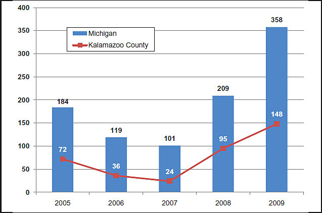 Chart showing the number of methamphetamine laboratory seizures in Michigan and Kalamazoo County, from 2005 to 2009.