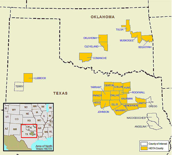 Map showing the North Texas High Intensity Drug Trafficking Area.