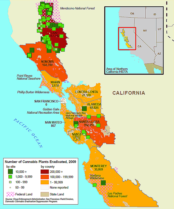 Map showing number and locations of cannabis plants eradicated, by site and HIDTA County, for the year 2009.