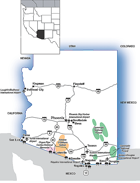 Map of Arizona showing major transportation routes.