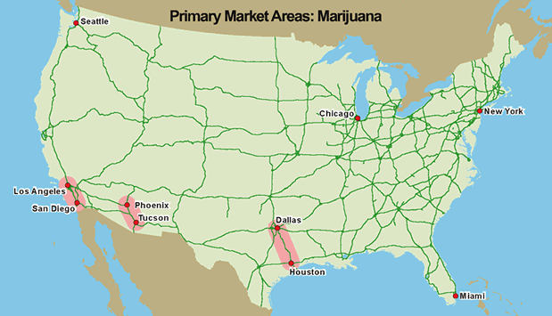 U.S. map showing Primary Market Areas: Marijuana.