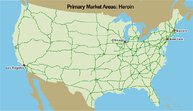 USA map showing Primary Market Areas of Heroin in Boston, Chicago, Los Angeles, and New York.