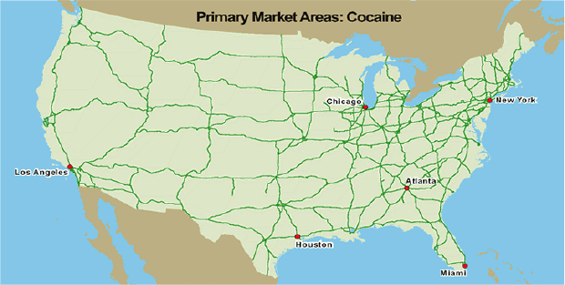 USA map indicating Cocaine Primary Market Areas of Atlanta, Chicago, Houston, Los Angeles, Miami, and New York City.