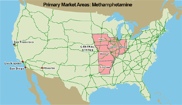 U.S. map showing Primary Market Areas: Methamphetamine.