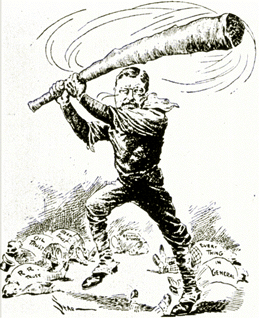 Political cartoon depicting President Teddy Roosvelt swinging a big bat with bodies labelled Oil Trust, R.R. Trust, Everything, In General, and unreadable others laying on the floor