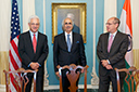 (L-R) Acting Assistant Attorney General Joe Wayland of the Department of Justice, Antitrust Division, Chairman Ashok Chawla of the Competition Commission of India, and Chairman Jon Leibowitz of the Federal Trade Commission stand for a picture before signing the Memorandum of Understanding (MOU) on Antitrust Competition in September 2012.