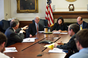 Assistant Attorney General Christine Varney, Deputy Assistant Attorney General William Cavanaugh (right) and Chief Counsel for Competition Policy and Intergovernmental Relations Gene Kimmelman (left) discuss the Ticketmaster/Live Nation settlement with reporters.