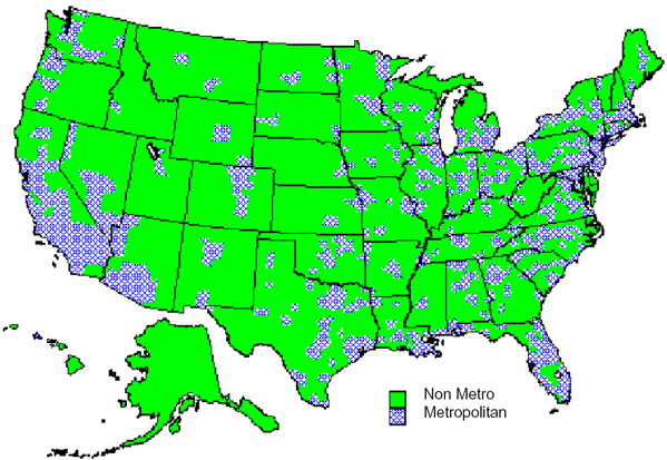 Map of the 50 states, Alaska, and Hawaii showing areas covered by metropolitan and non-metropolitan counties