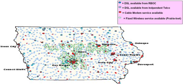 Map of Iowa shwoing broadband locations