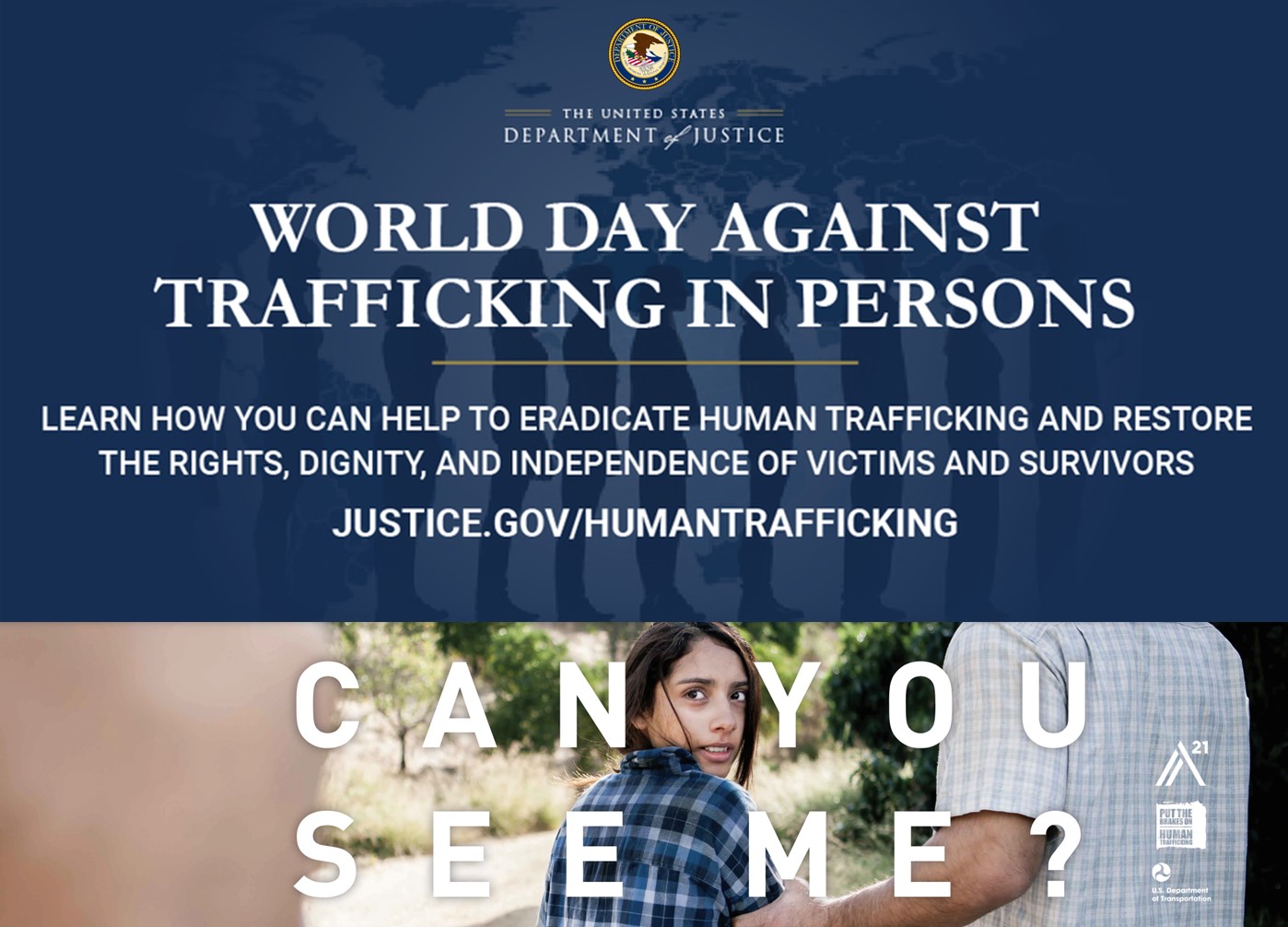 Text reading World Day Against Trafficking in Persons - white text in front of navy background
