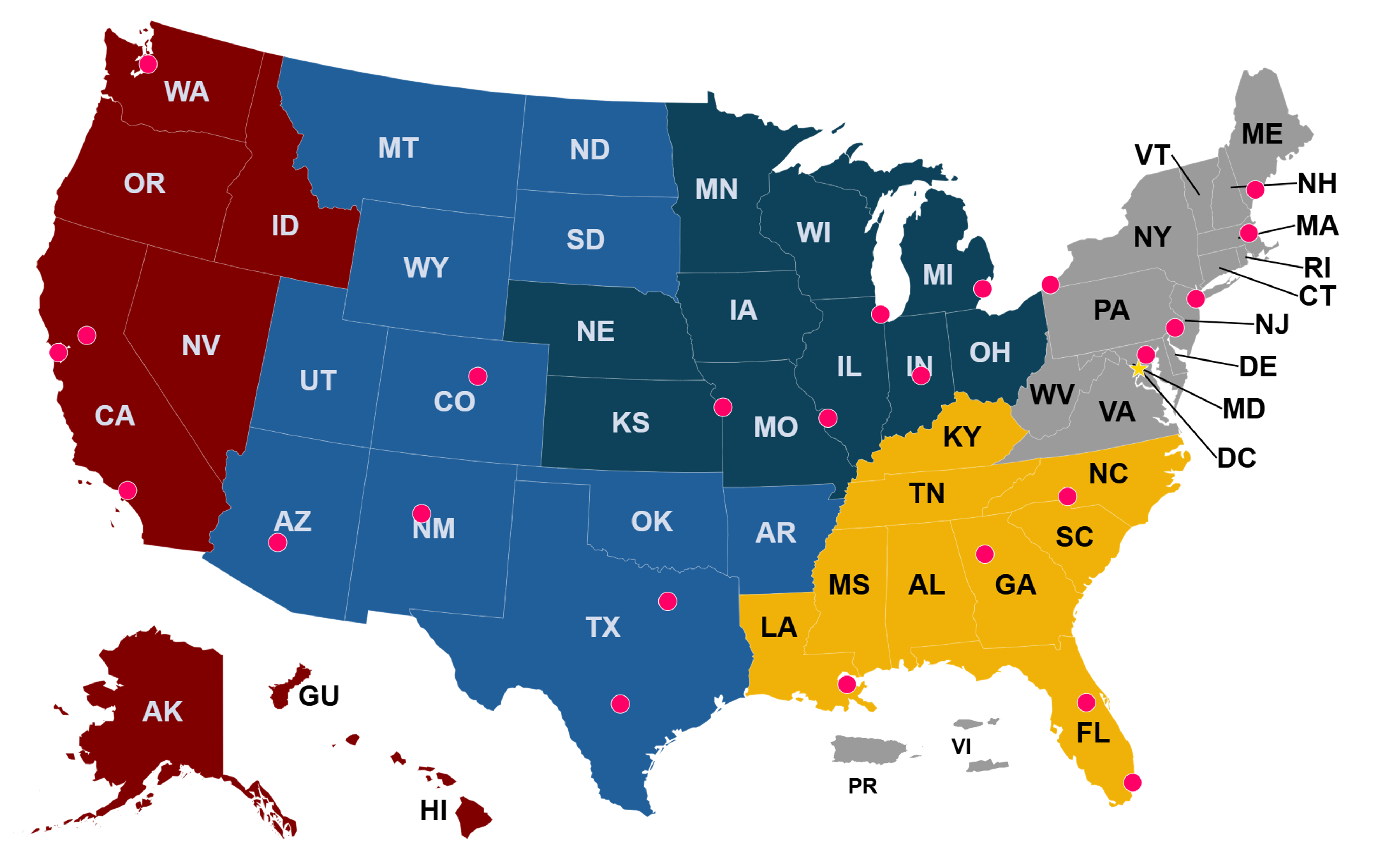 A U.S. map color coded with each CRS region and with red dots indicating conciliator presence in each state.
