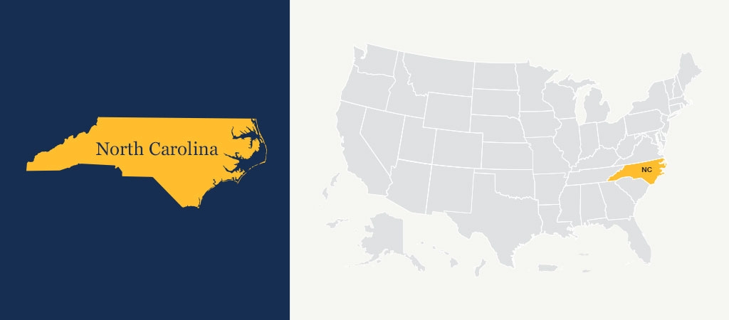 A graphic of a blue U.S. map with North Carolina highlighted in yellow.