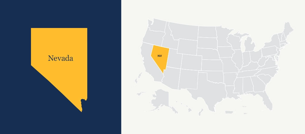 A graphic of a blue U.S. map with Nevada highlighted in yellow.