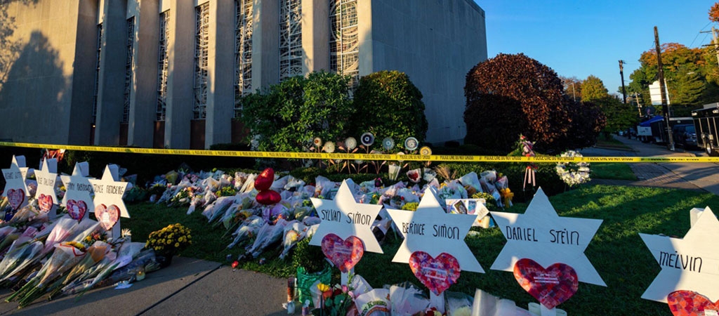 A makeshift shrine for the victims of the October 2018 deadly shooting at the Tree of Life synagogue in Pittsburgh, Pennsylvania. 